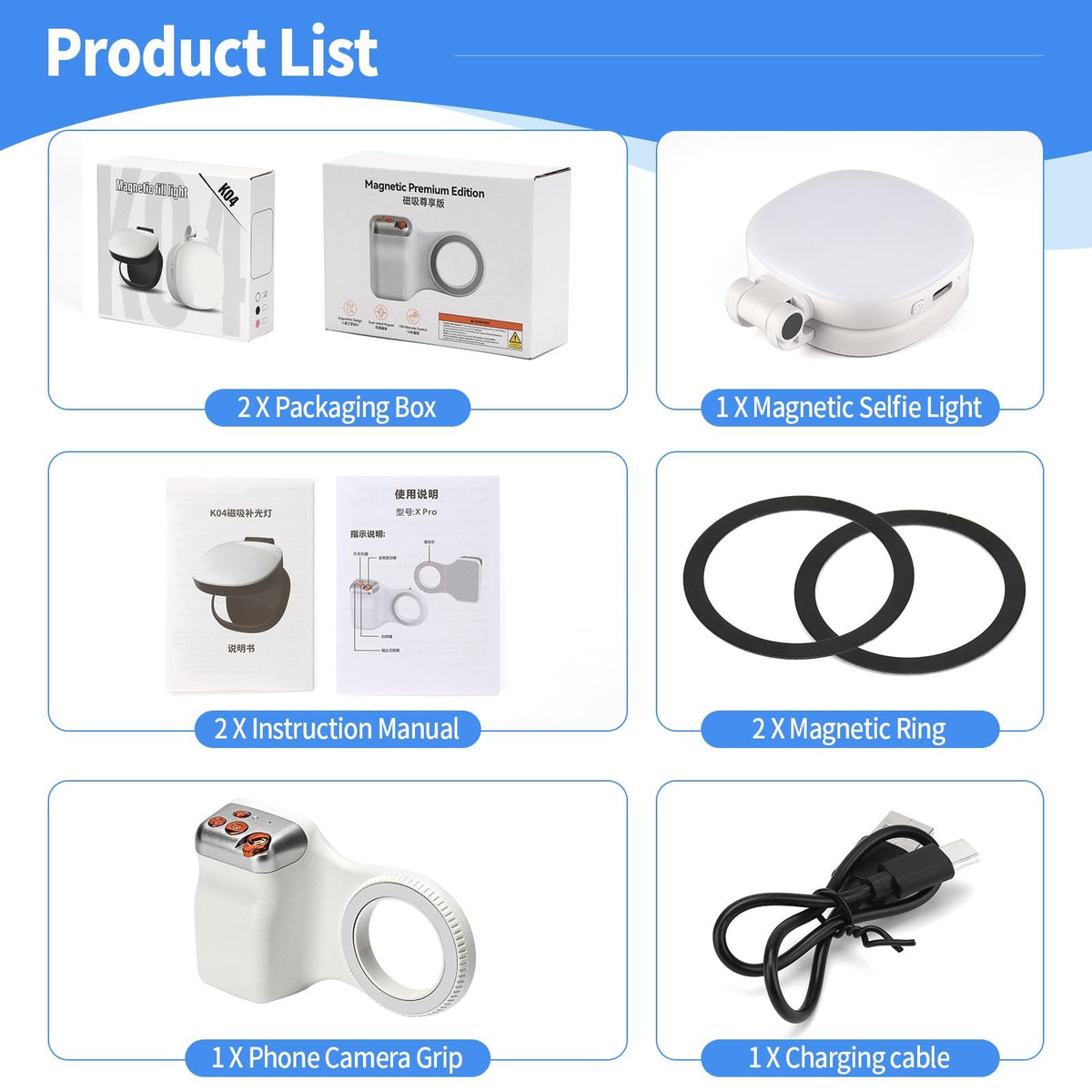 Kit layout with white grip, remote, selfie light, USB cable, two magnetic rings, manuals and boxes