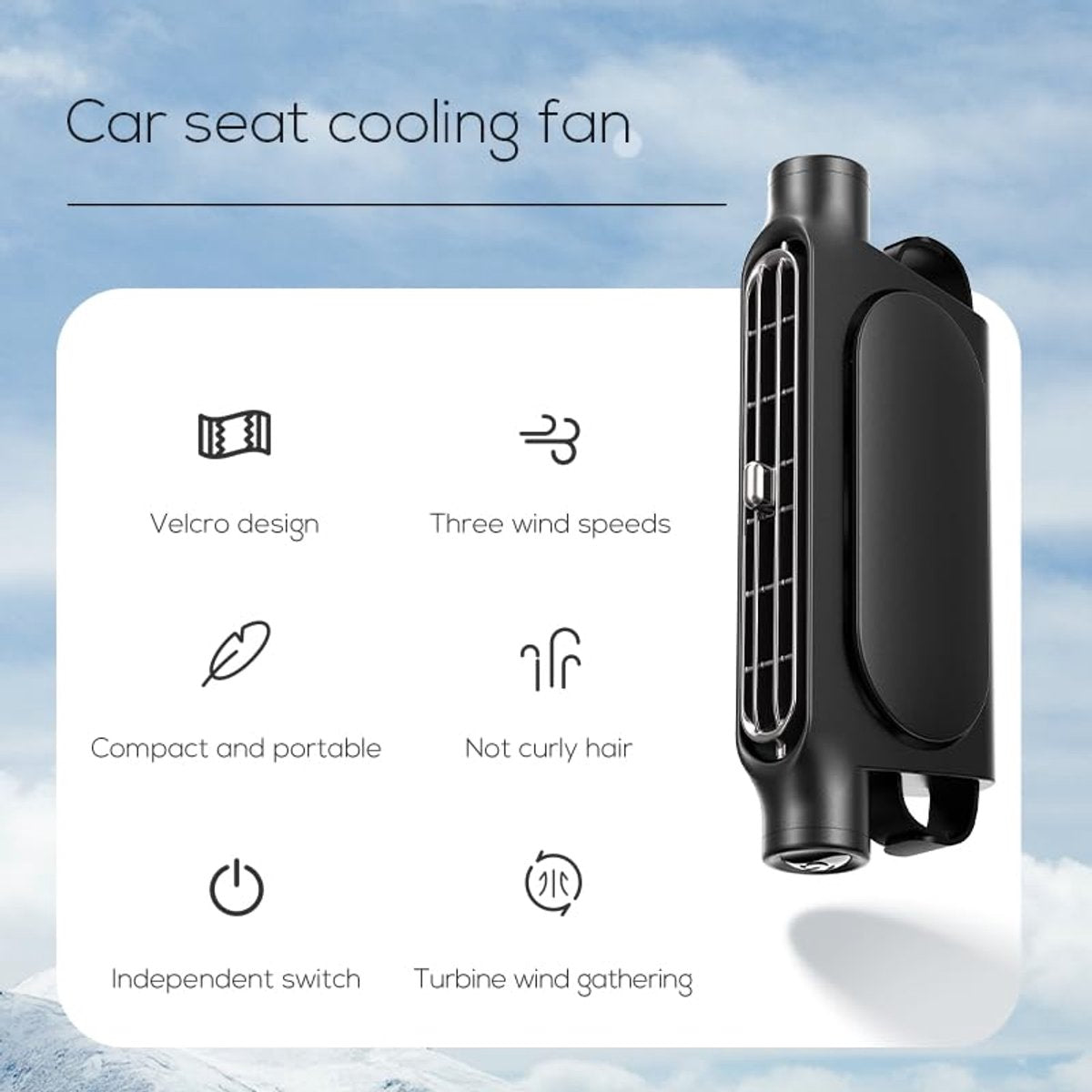 Headrest fan feature diagram mentioning strap attachment and three speeds