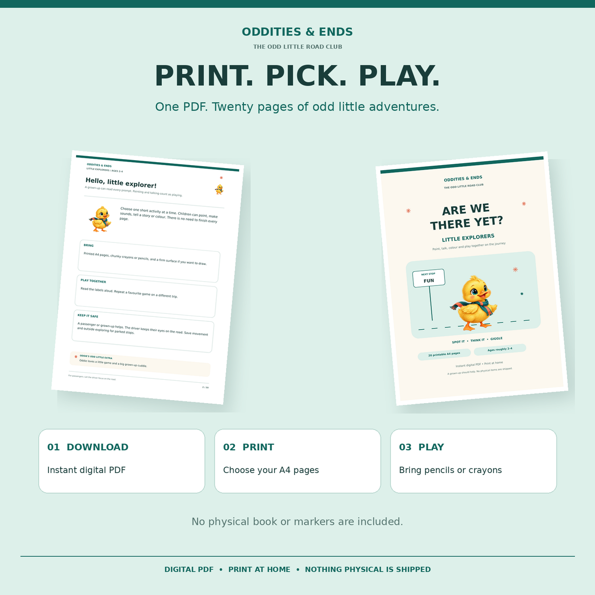 Little Explorers download, print and play instructions with a cover and example page