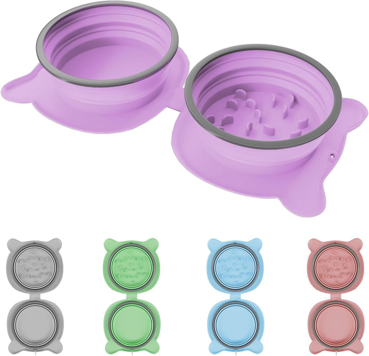 Purple connected double pet bowl with plain and ridged sections