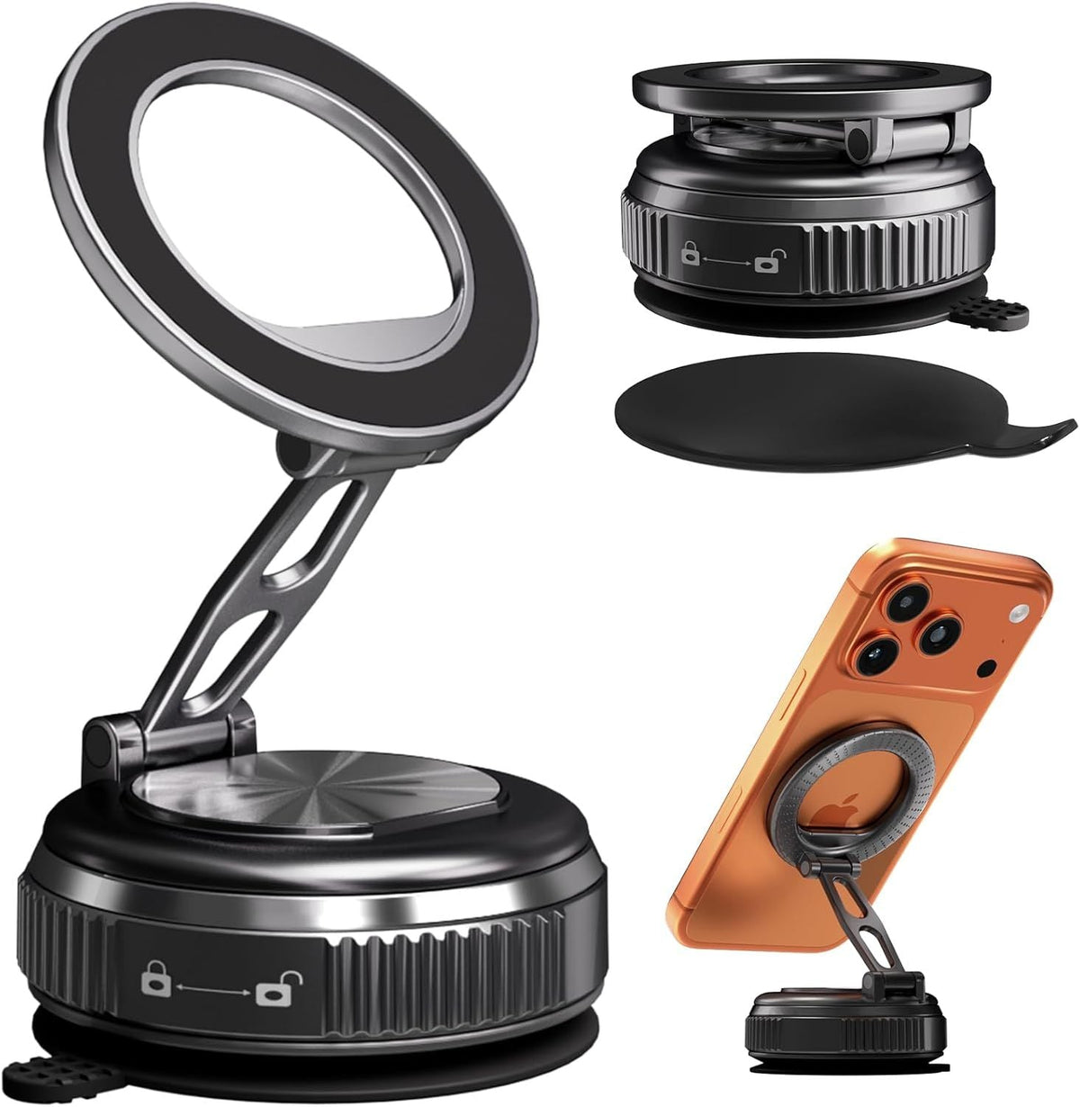 Black magnetic phone mount with suction base and mounting accessories