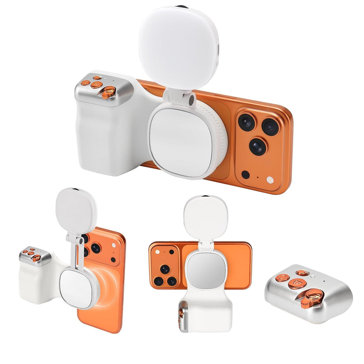 White magnetic camera grip and flat selfie light fitted to a phone