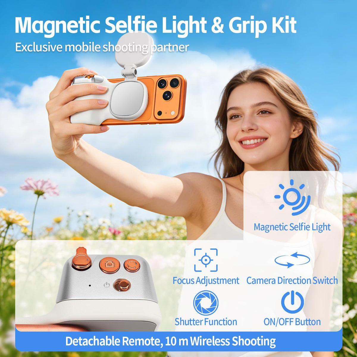 White camera grip showing detachable Bluetooth remote controls