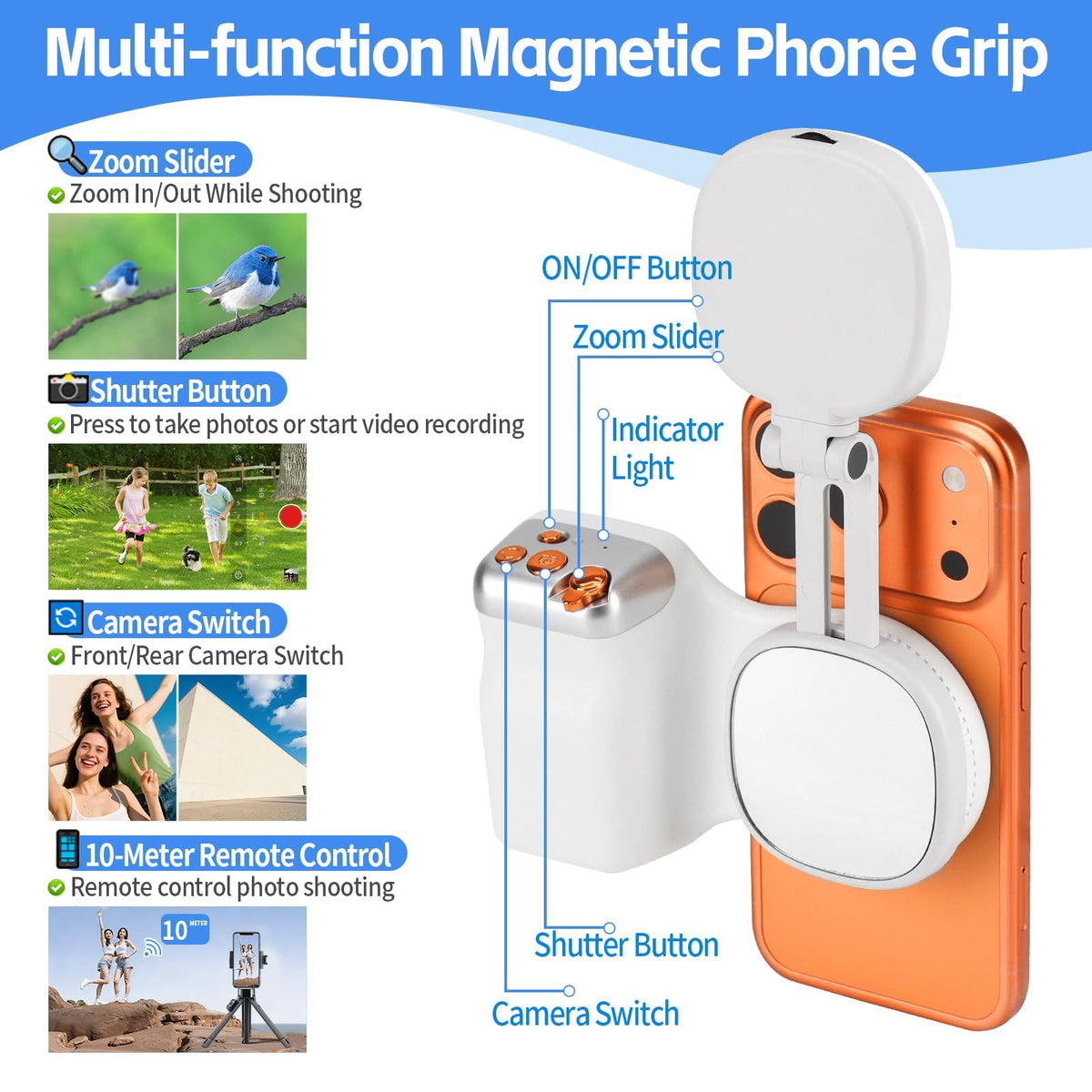 White magnetic camera grip diagram showing zoom slider, shutter controls and detachable remote