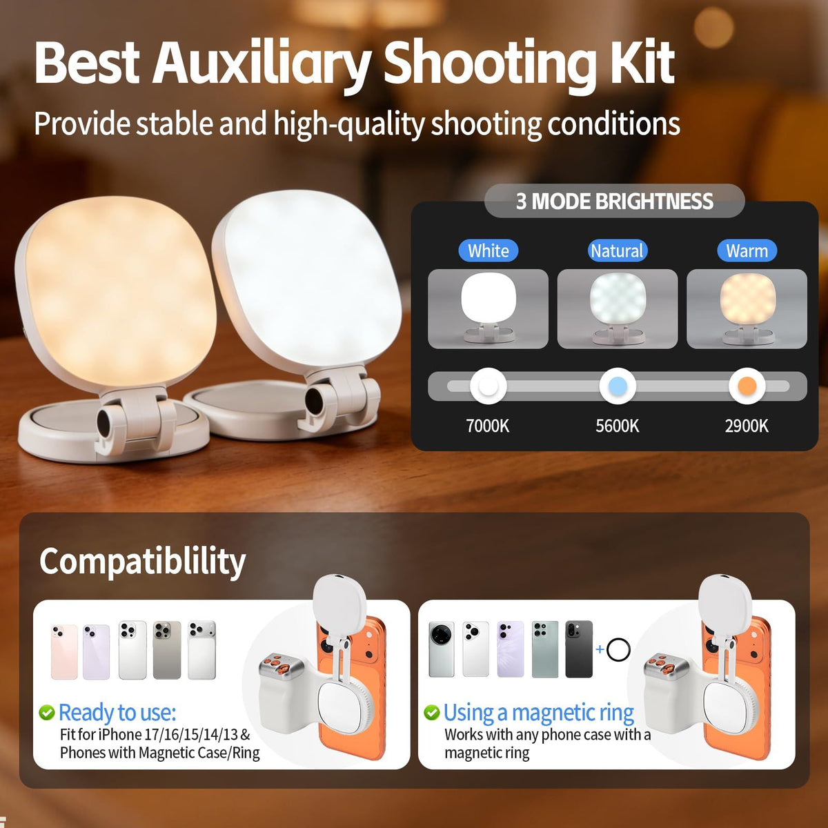 Flat selfie light colour modes and phone compatibility examples