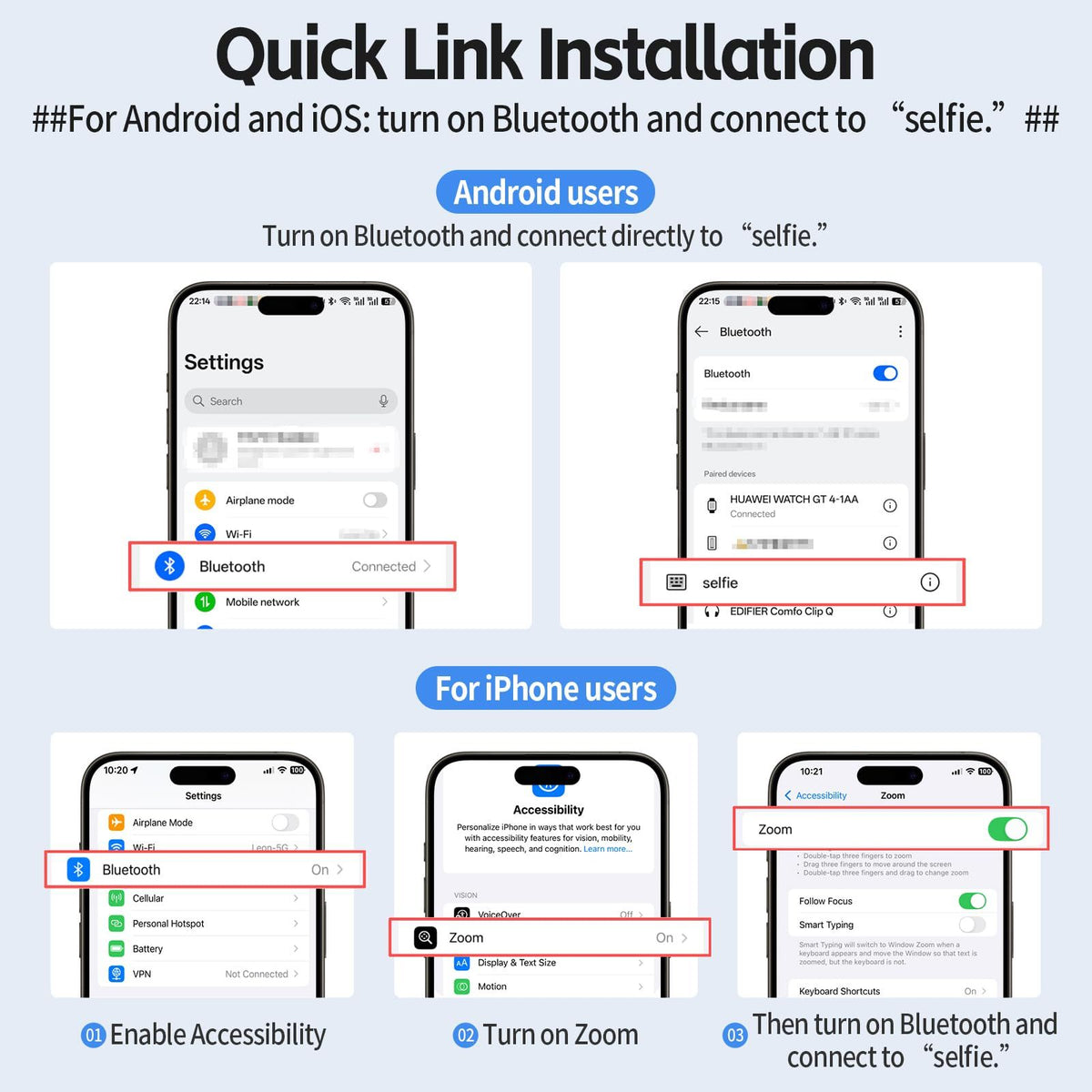 Bluetooth pairing instructions for Android and iPhone camera-grip users