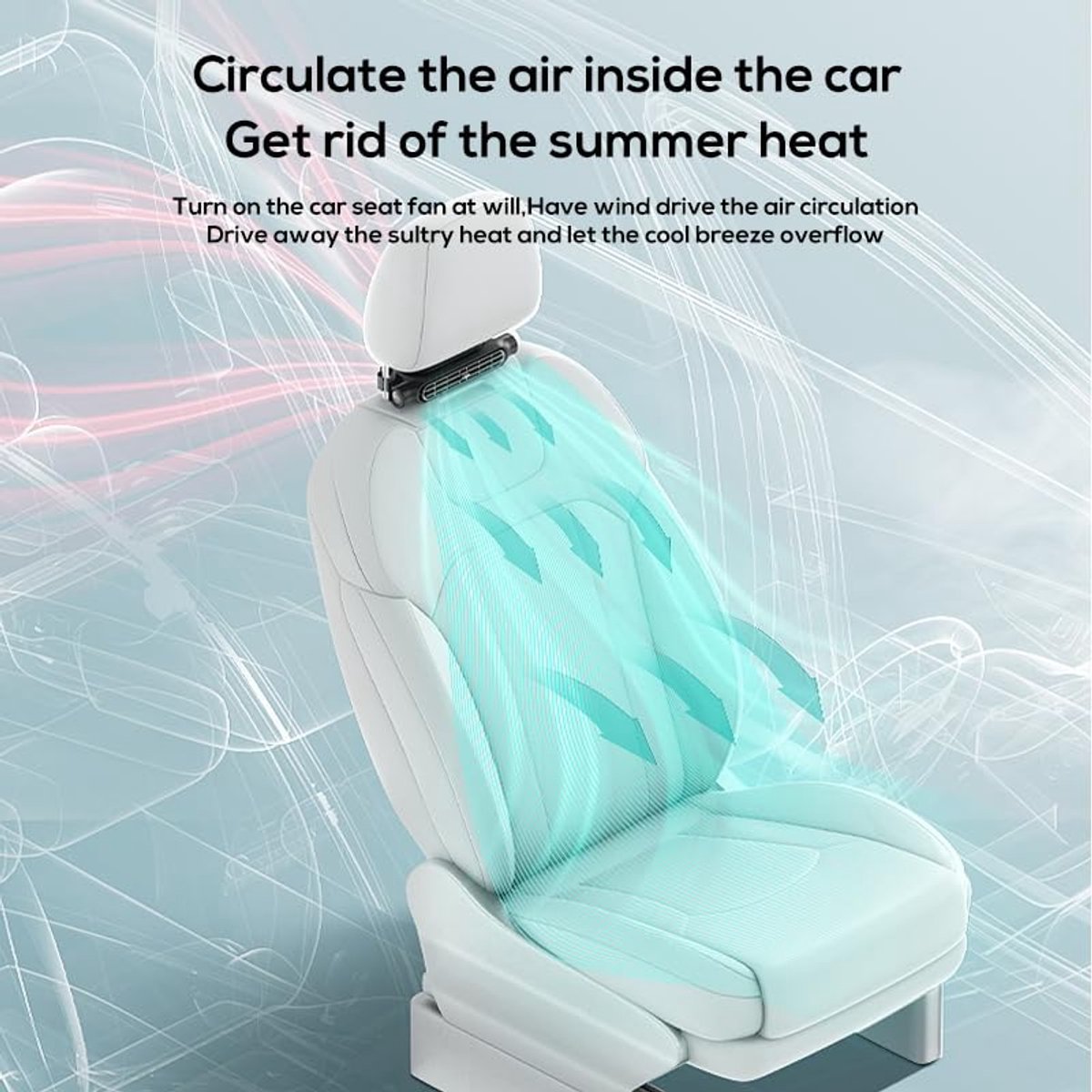 Black fan fitted to a car headrest rod