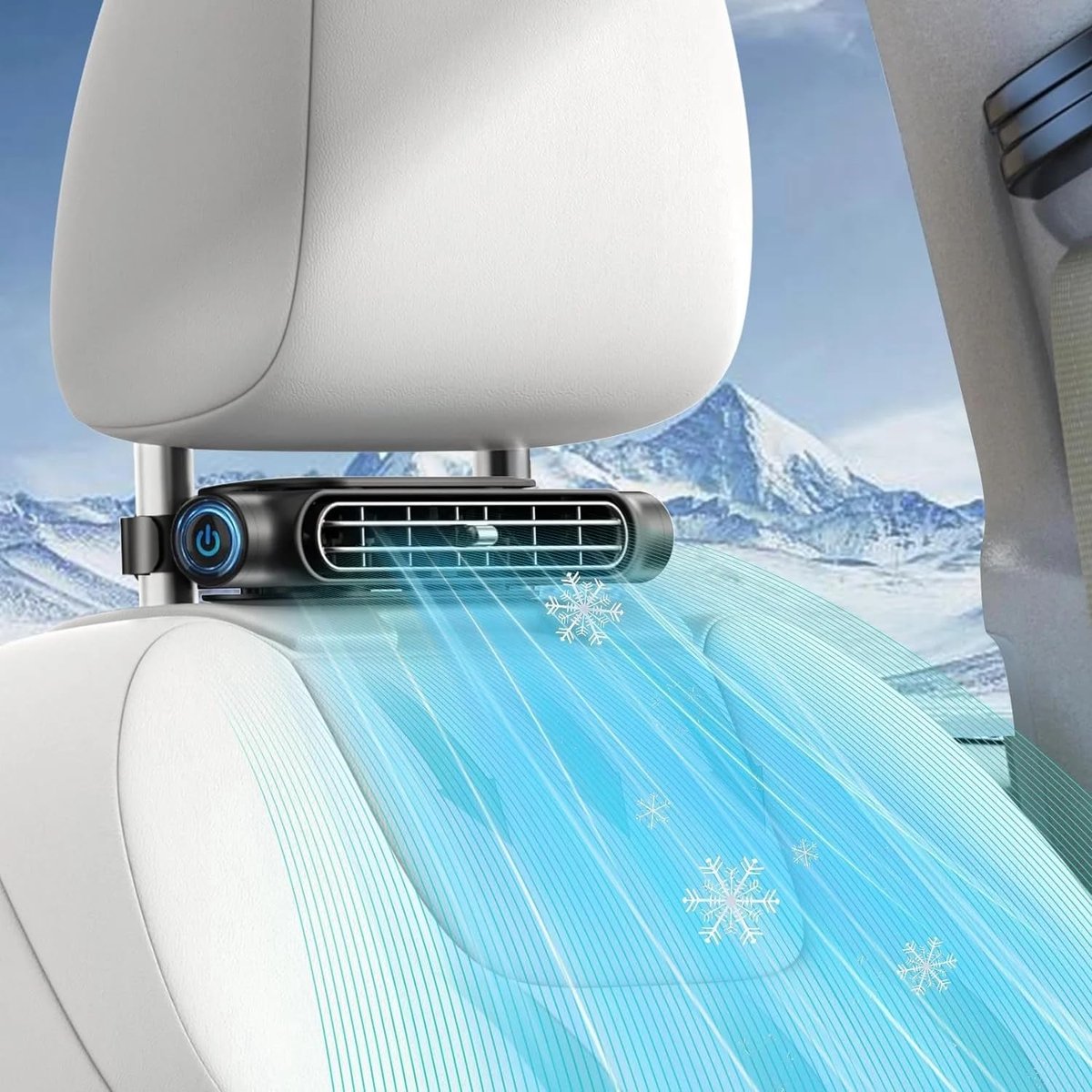 Black headrest fan installed behind a front seat with airflow illustration