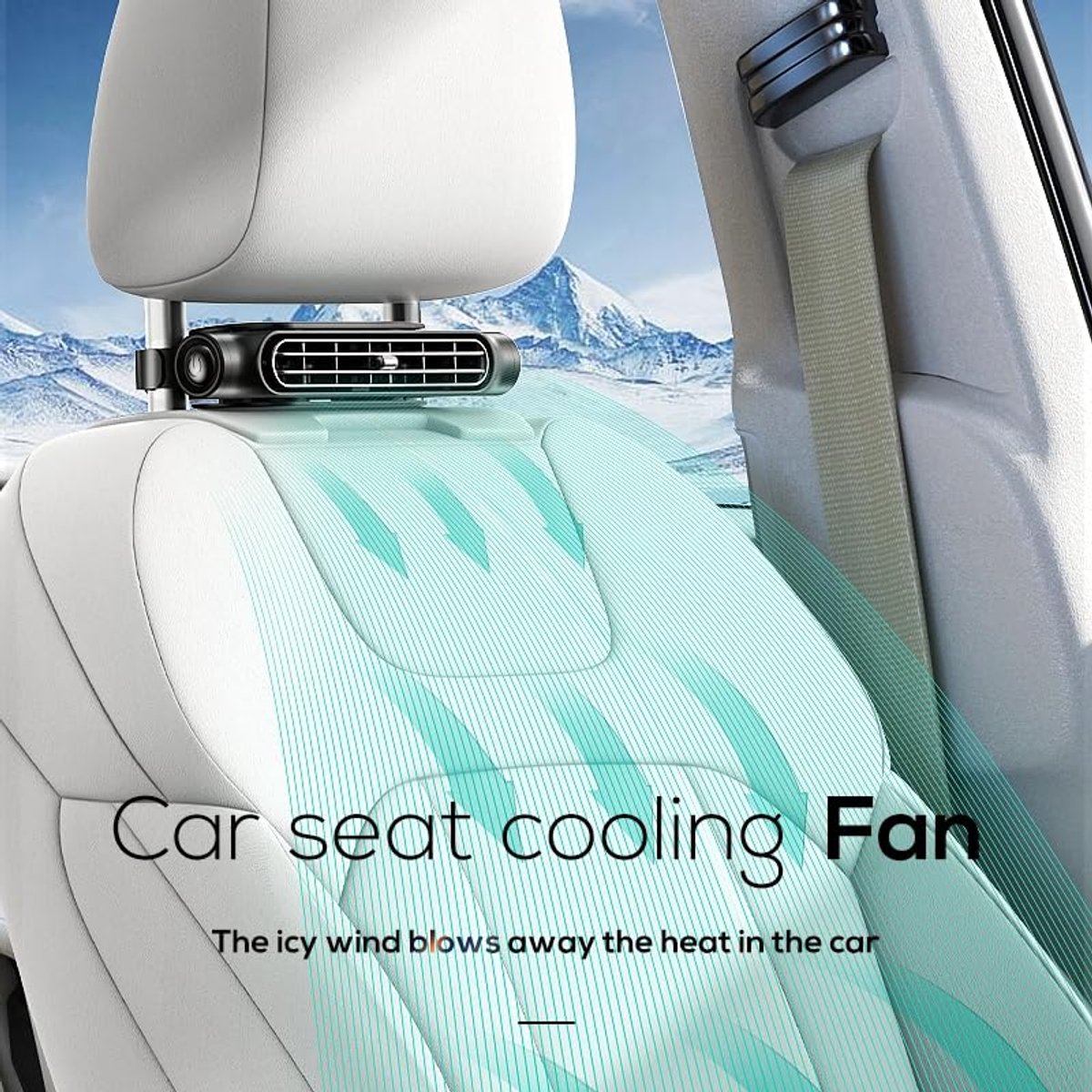 Headrest fan directing illustrated airflow toward a rear seat