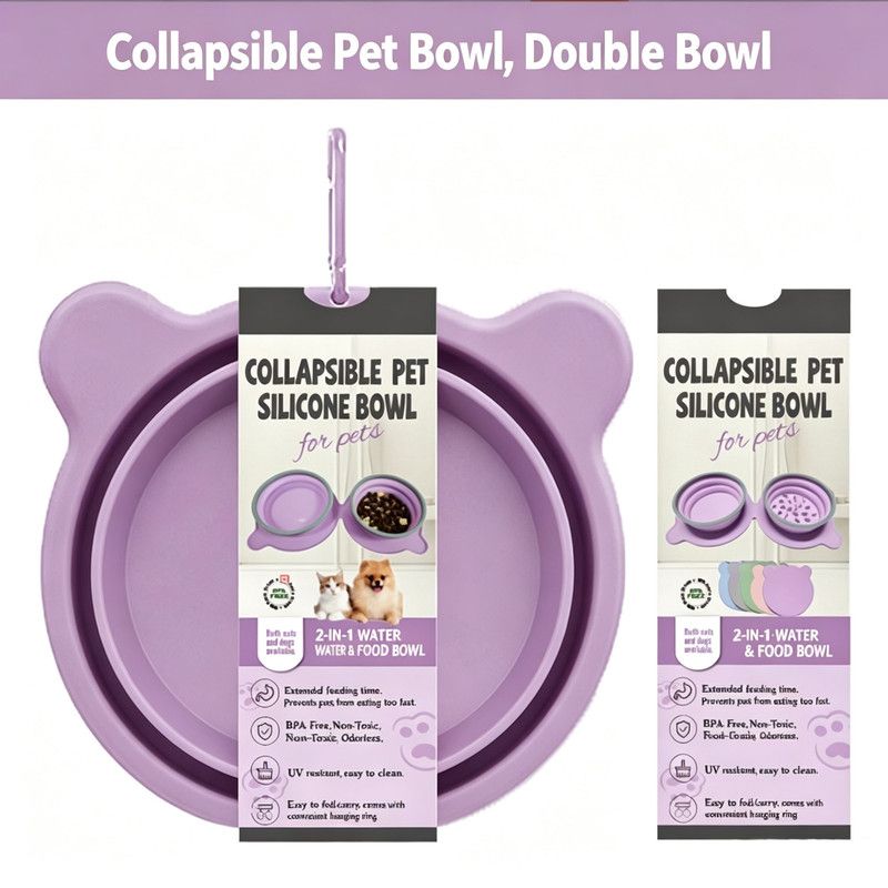Purple double pet bowl shown folded with its packaging