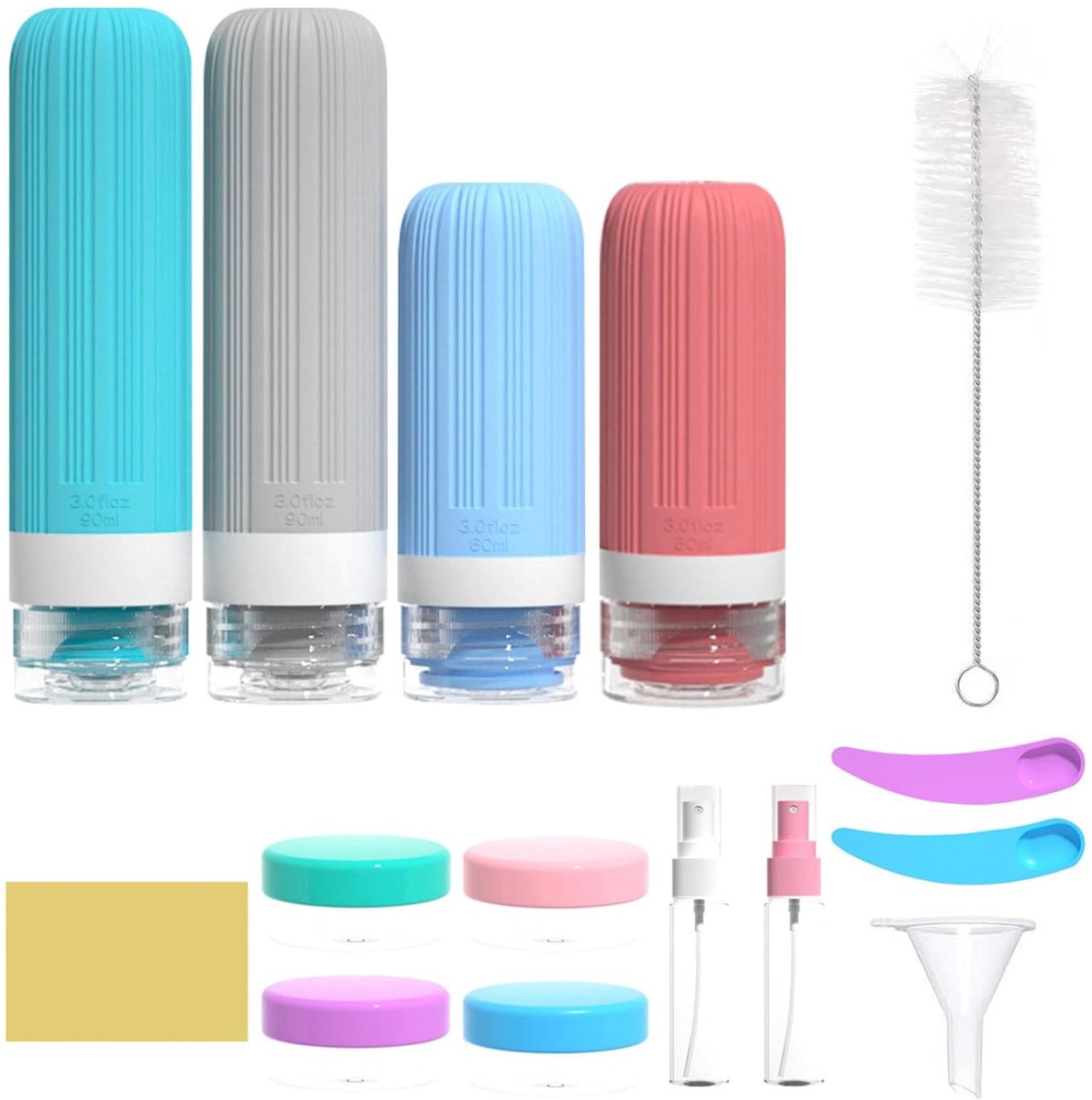 Refillable toiletry kit with four squeeze bottles, two dispensers, four jars and filling accessories