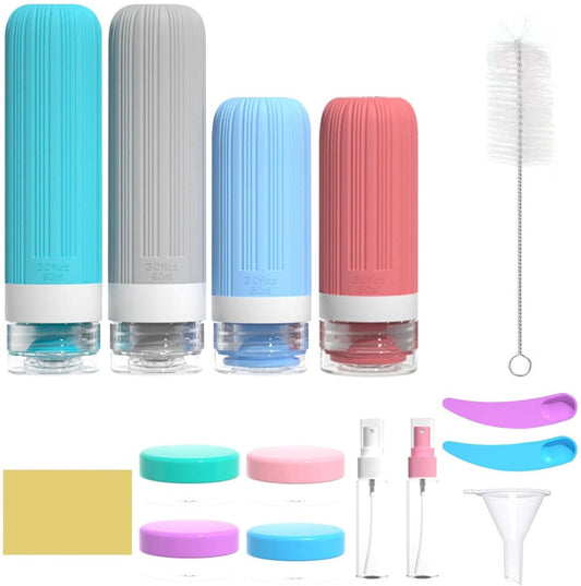 Refillable toiletry kit with four squeeze bottles, two dispensers, four jars and filling accessories