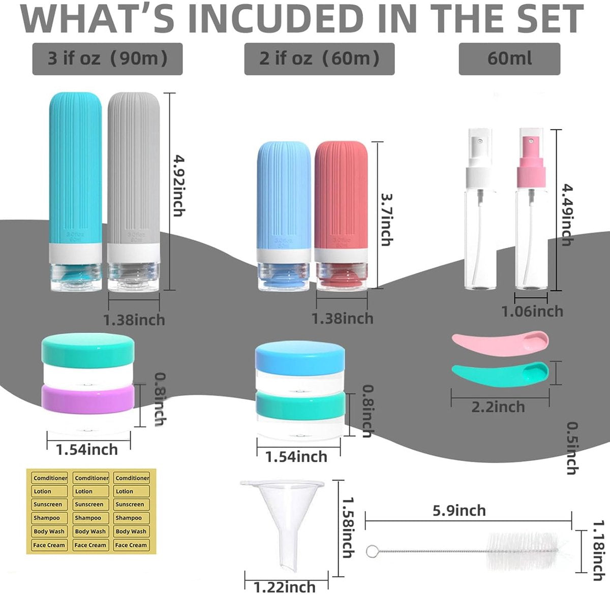 Contents chart showing two 90 ml bottles, two 60 ml bottles, two 60 ml dispensers, four jars and tools