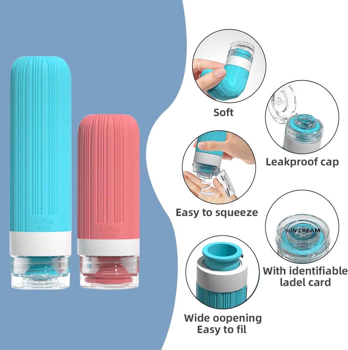 Travel squeeze bottles showing removable caps and wide filling openings