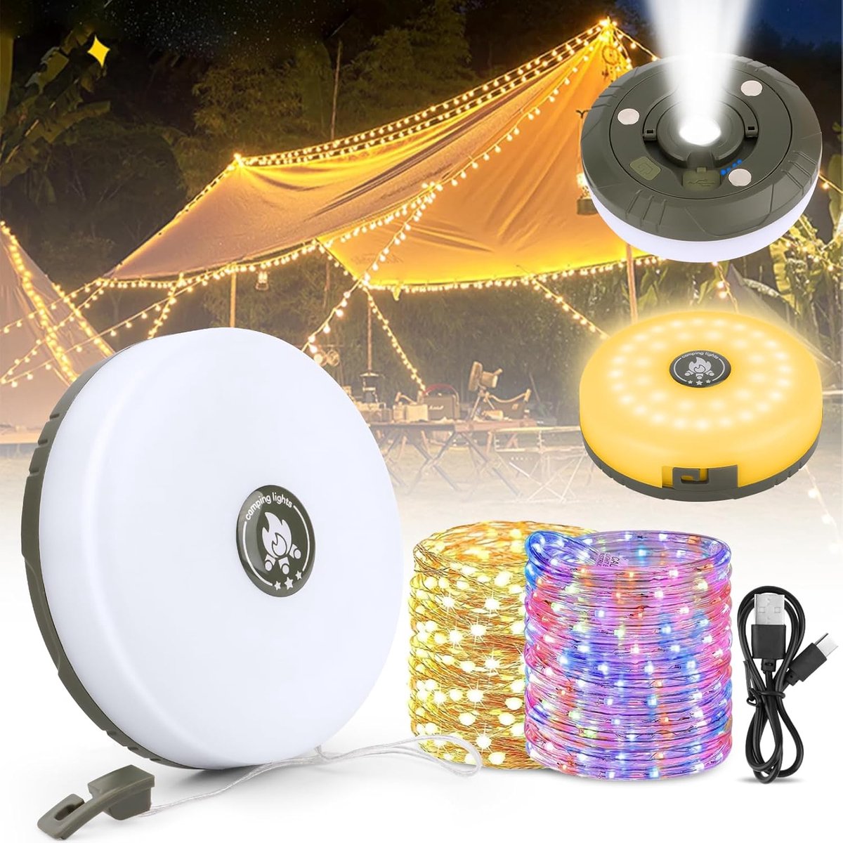 Camping lantern with retractable warm and coloured string lights; supplier photo shows one unit