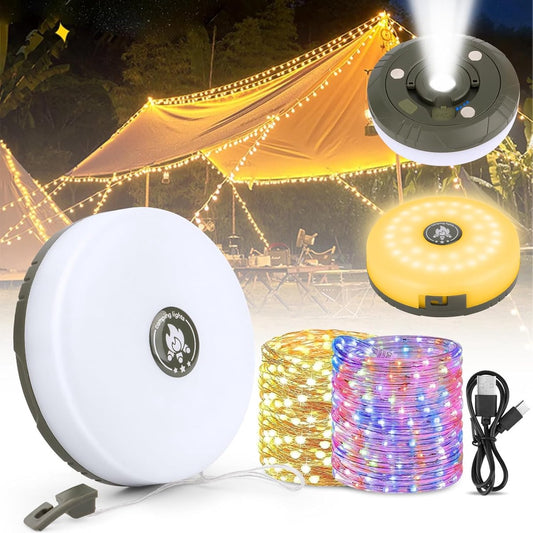 Camping lantern with retractable warm and coloured string lights; supplier photo shows one unit