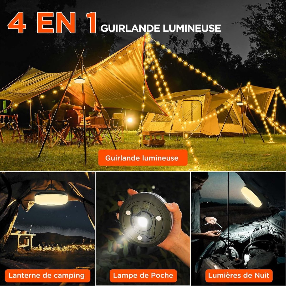 Camping lantern shown as string lights, tent light and torch