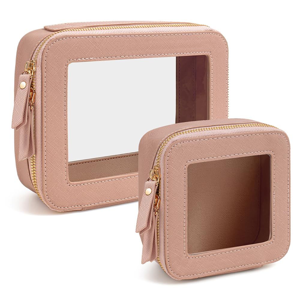 Dusty-pink large and small zip pouches with clear viewing windows