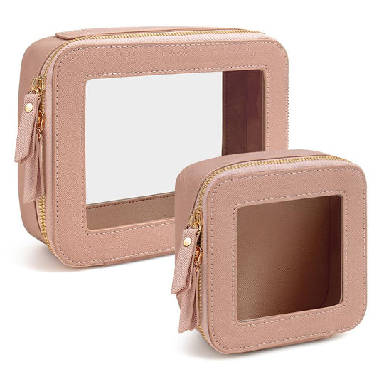 Dusty-pink large and small zip pouches with clear viewing windows