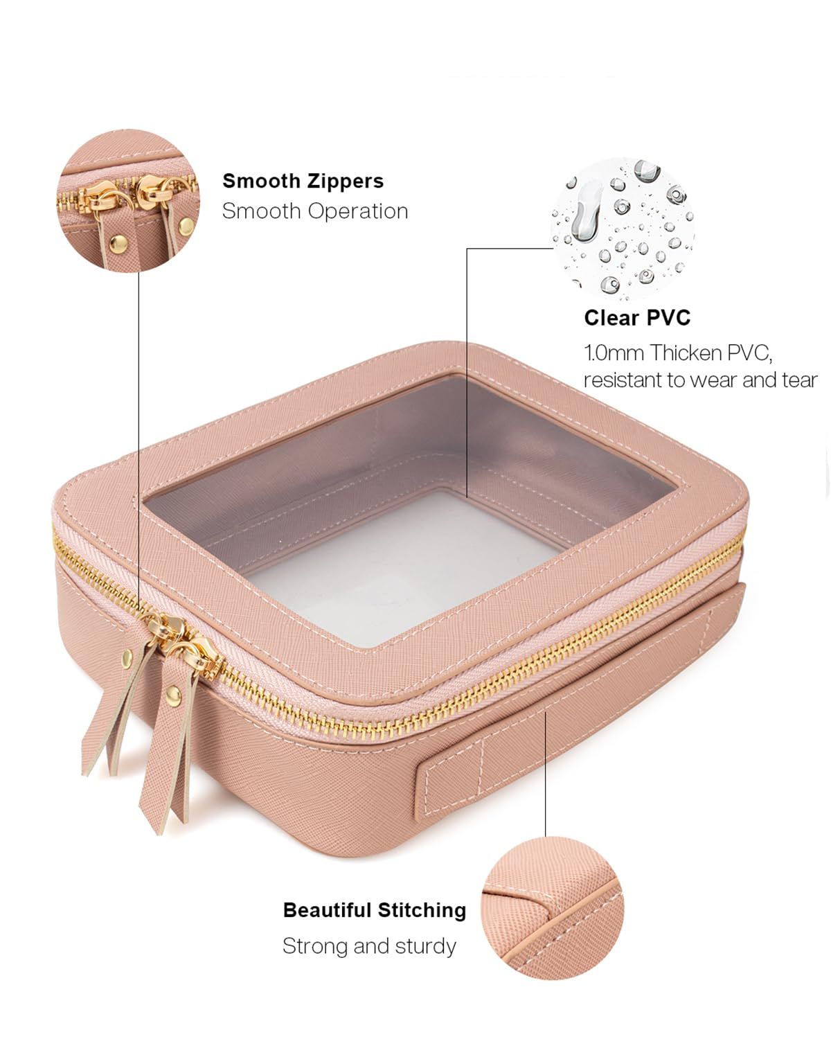 Pink pouch showing zip, clear window and stitching details