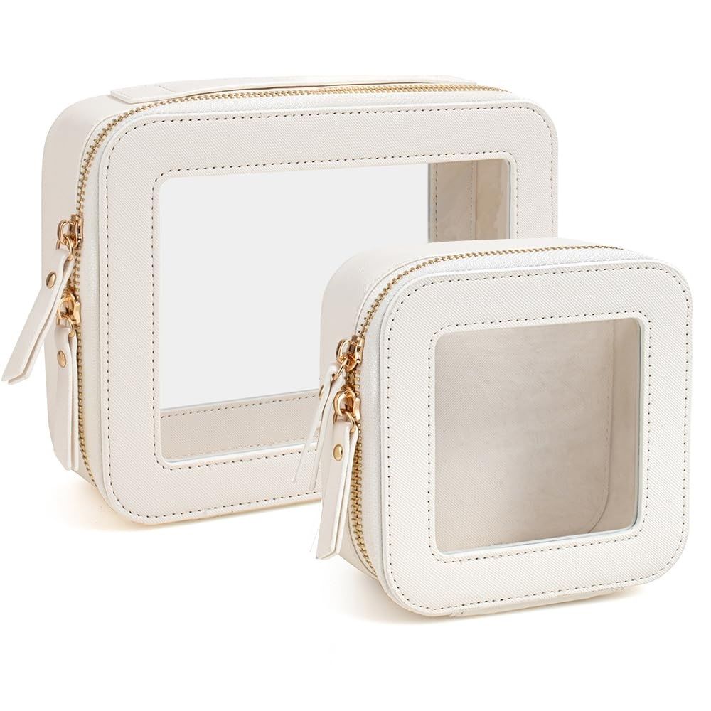 Two cream zip pouches in large and small sizes with clear viewing windows