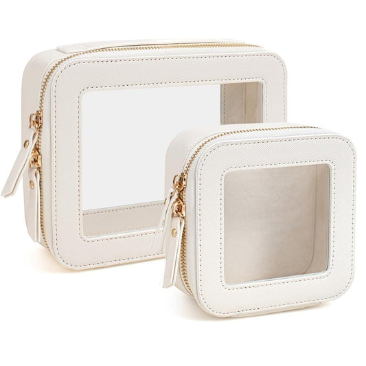 Two cream zip pouches in large and small sizes with clear viewing windows