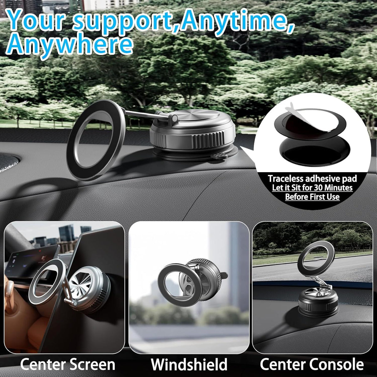 Suction phone mount shown on a car screen, windscreen and centre console