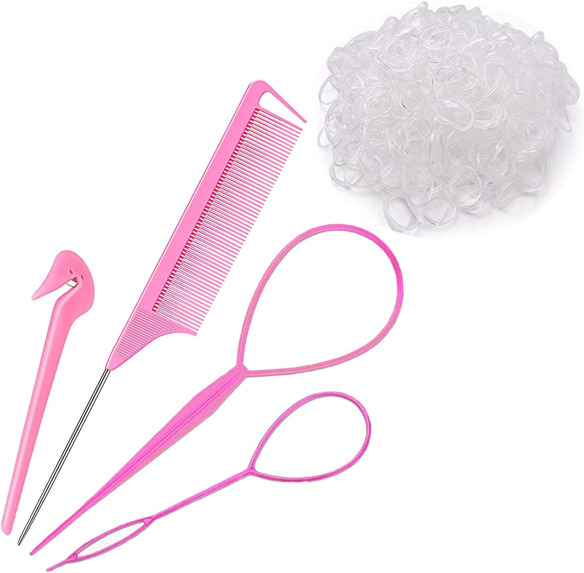 Pink styling tools with a bag of clear mini hair elastics