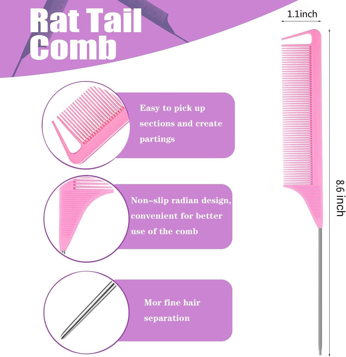 Pink rat-tail comb with parting tip and fine teeth