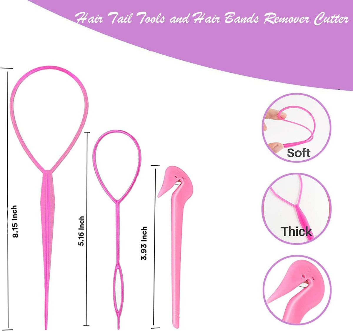 Two pink hair loop tools and a band cutter with supplier dimensions