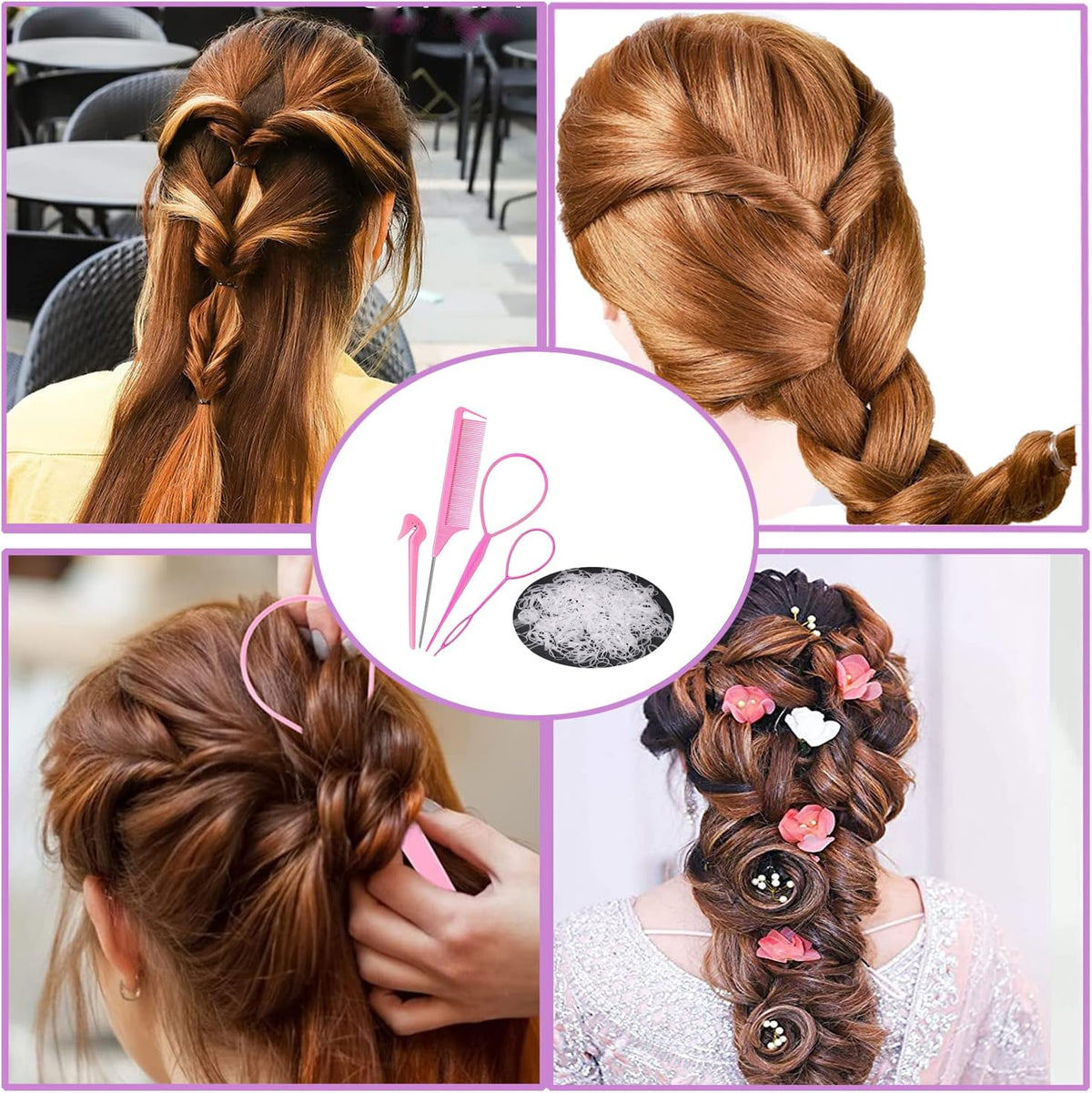 Braided hairstyle examples beside the pink styling set