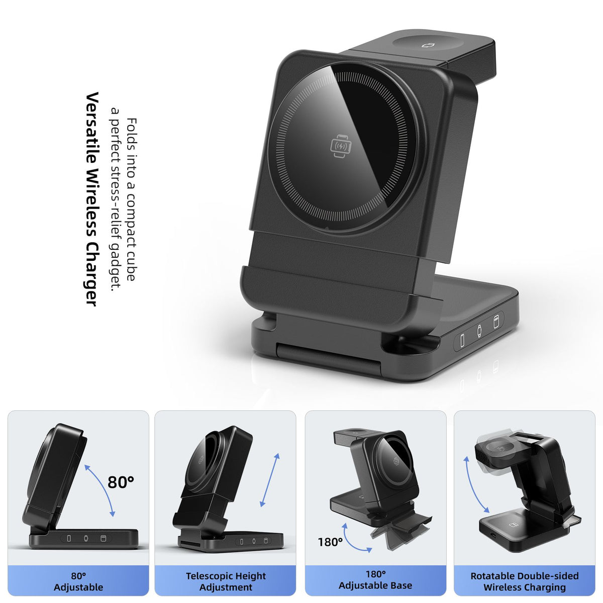 Black wireless charging dock unfolded with adjustment diagrams