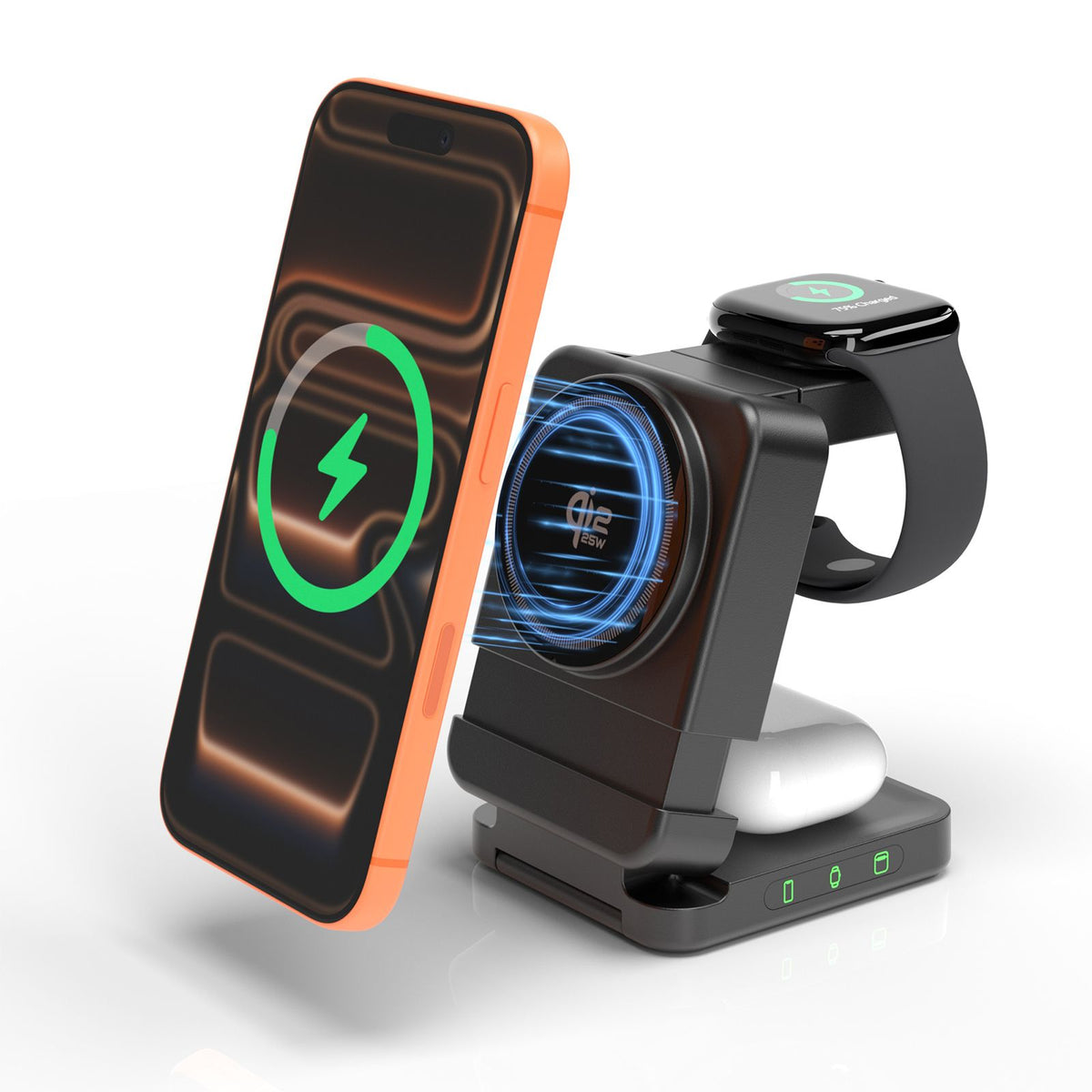 Black charging dock with demonstration phone, watch and earbuds