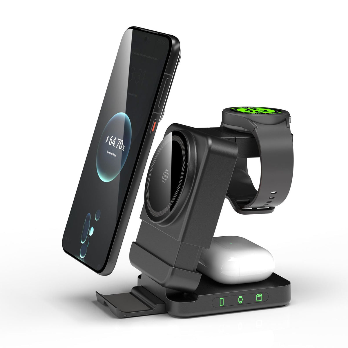 Black charging dock with phone, watch and earbuds from the side