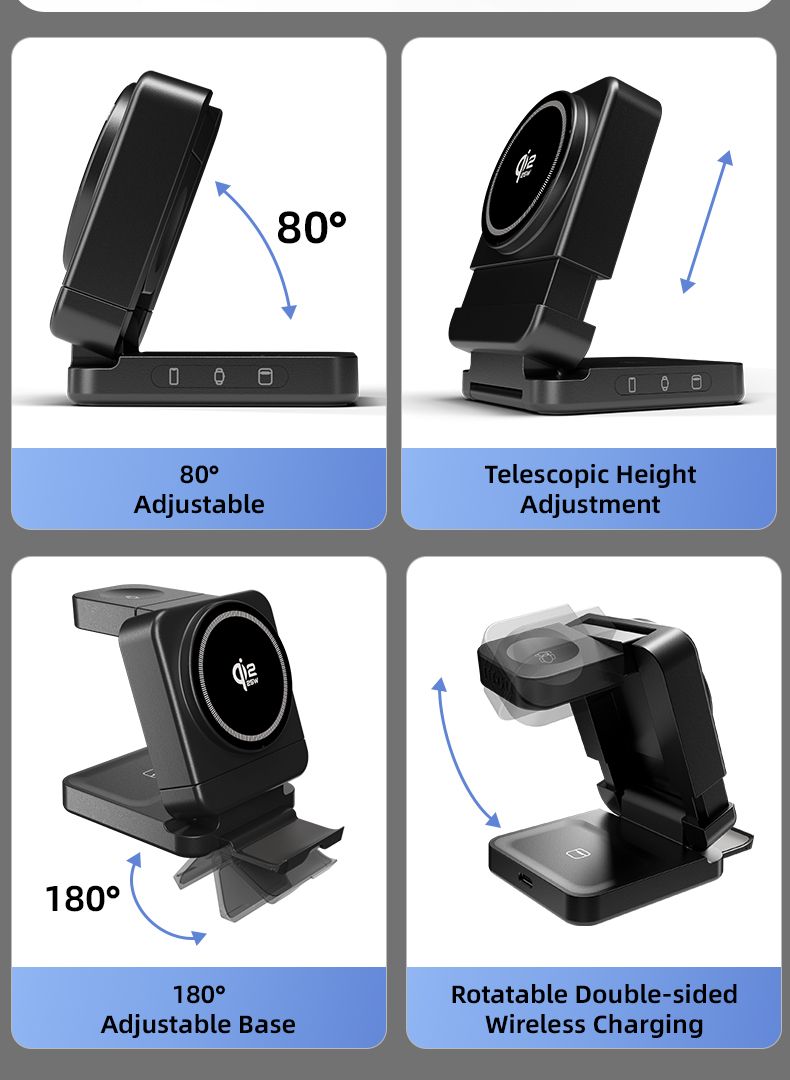 Black wireless dock angle and watch-pad adjustment diagrams