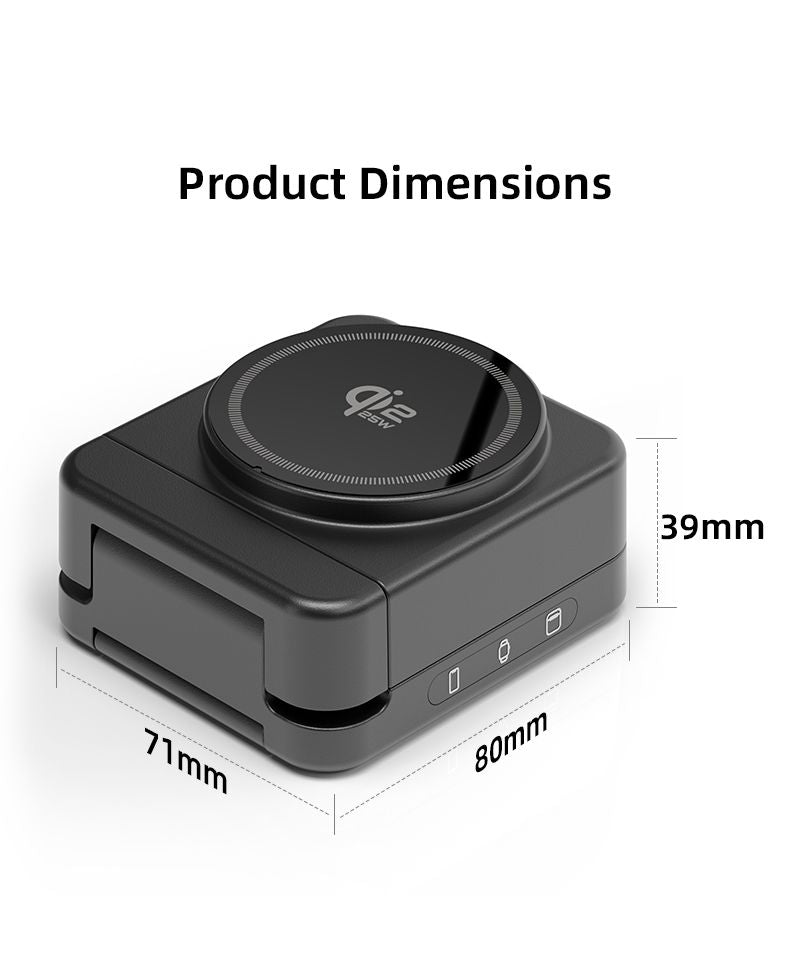 Folded black charging dock dimension diagram: 80 by 71 by 39 mm