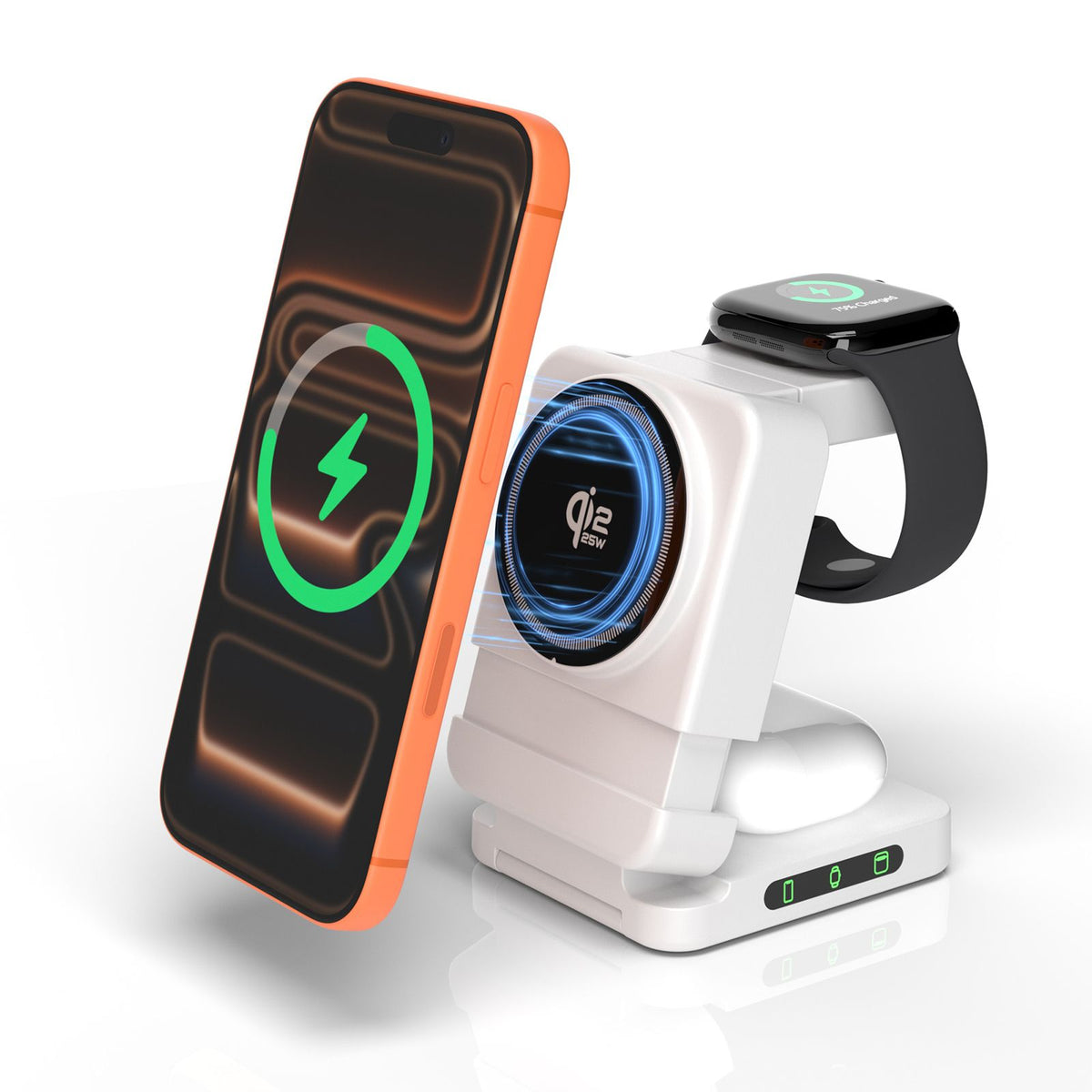 White wireless charging dock with demonstration phone, watch and earbuds