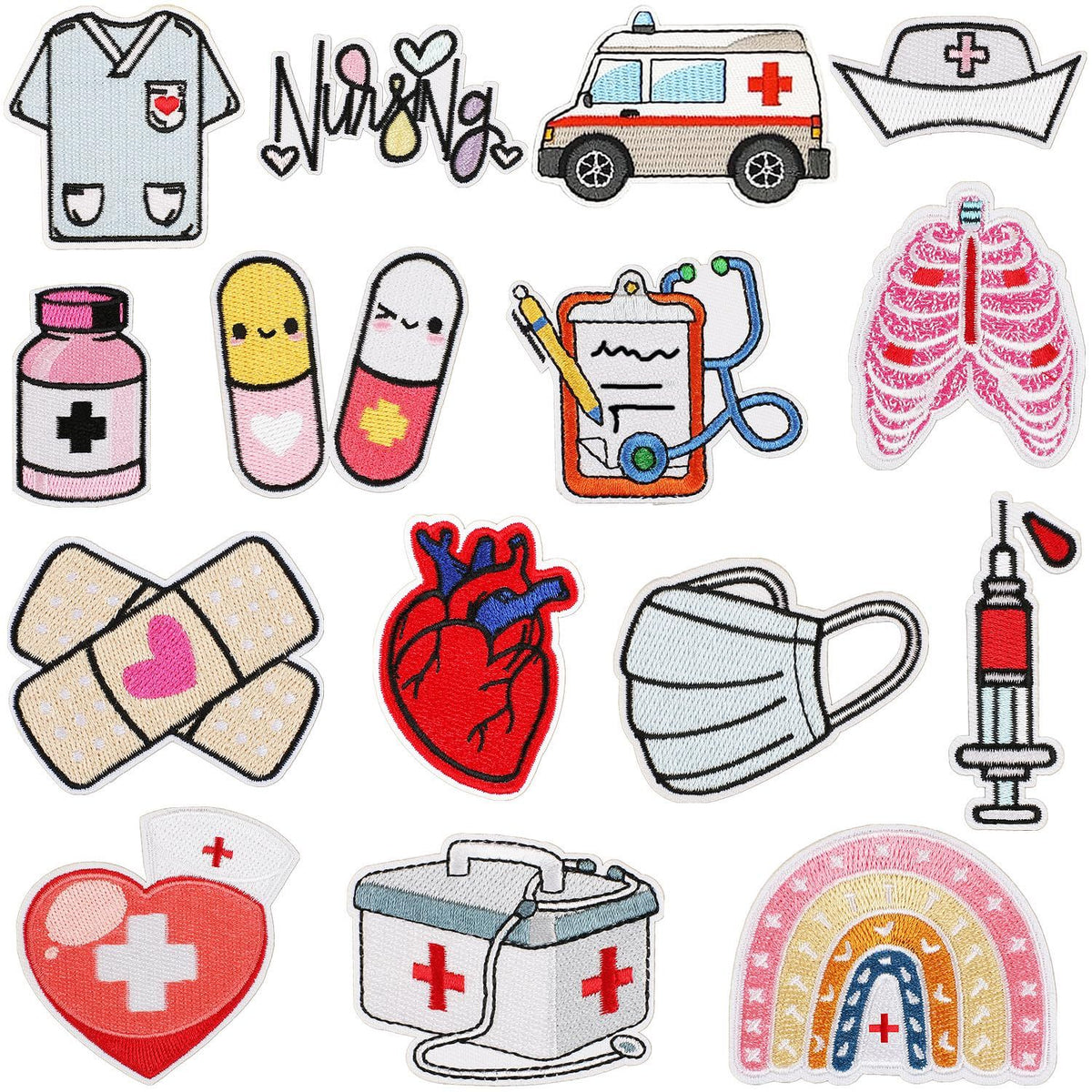 Fifteen assorted embroidered nurse and medical-themed patches