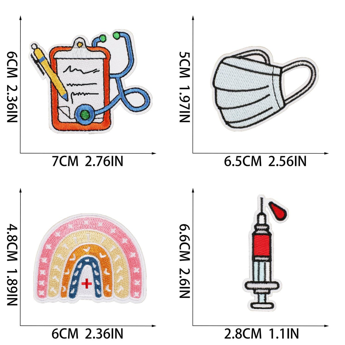 Patch size chart with drip bag, face mask, rainbow and syringe designs
