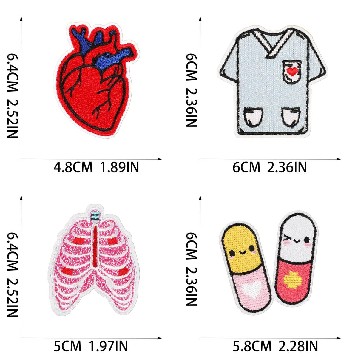 Patch size chart with heart, medical shirt, lungs and capsule designs