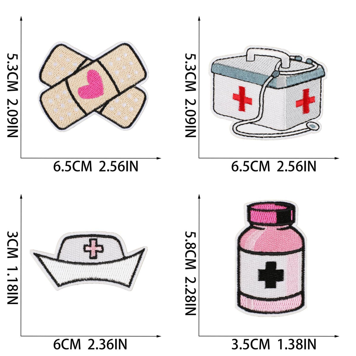 Patch size chart with bandage, first-aid bag and nurse cap designs