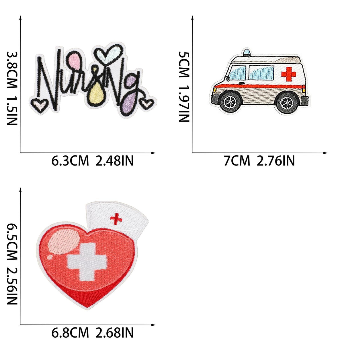 Patch size chart with Nurse lettering, ambulance, medicine bottle and heart designs