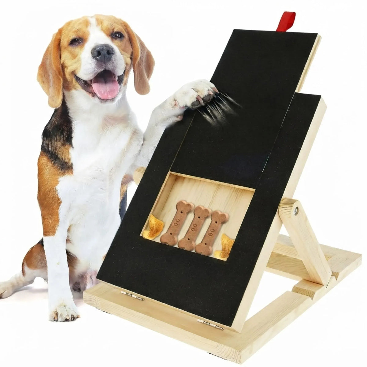 Wooden dog nail scratch board with treat compartment and adjustable legs
