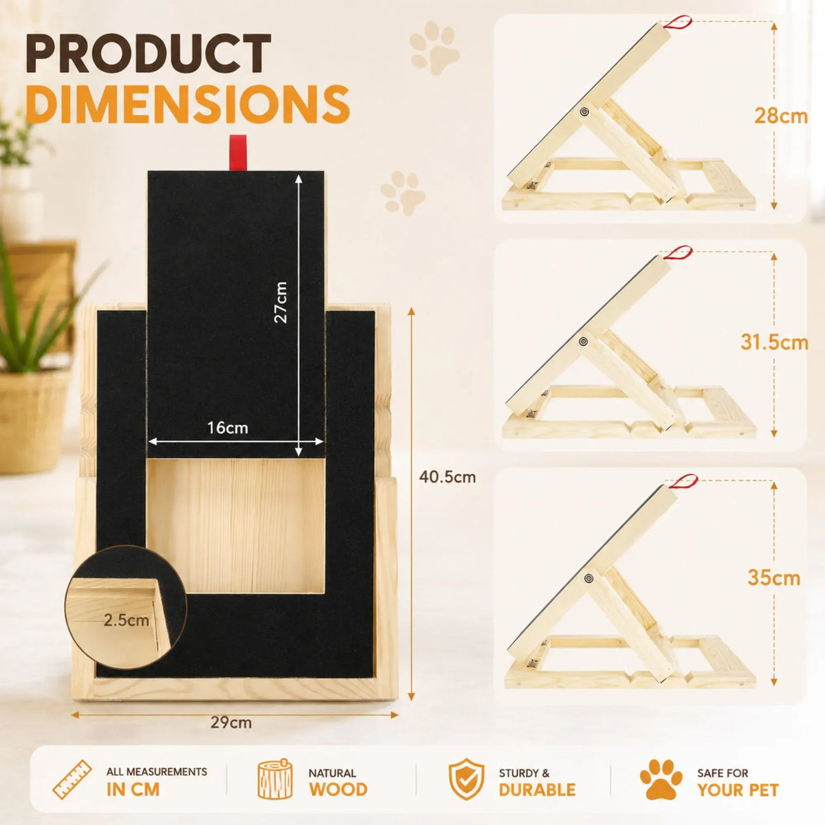 Scratch board supplier dimensions and adjustable leg positions