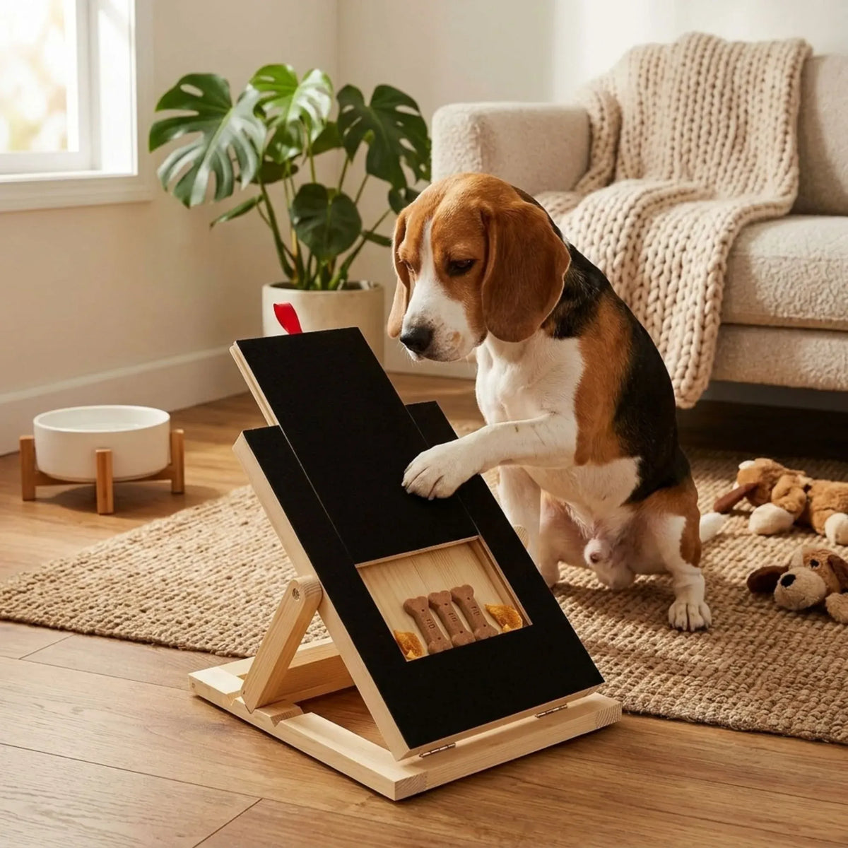 Dog using an angled scratch board with a treat compartment