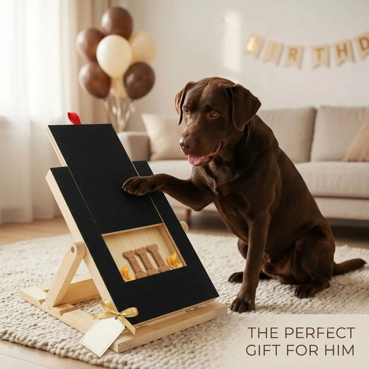 Brown dog beside an angled wooden nail scratch board with a treat compartment