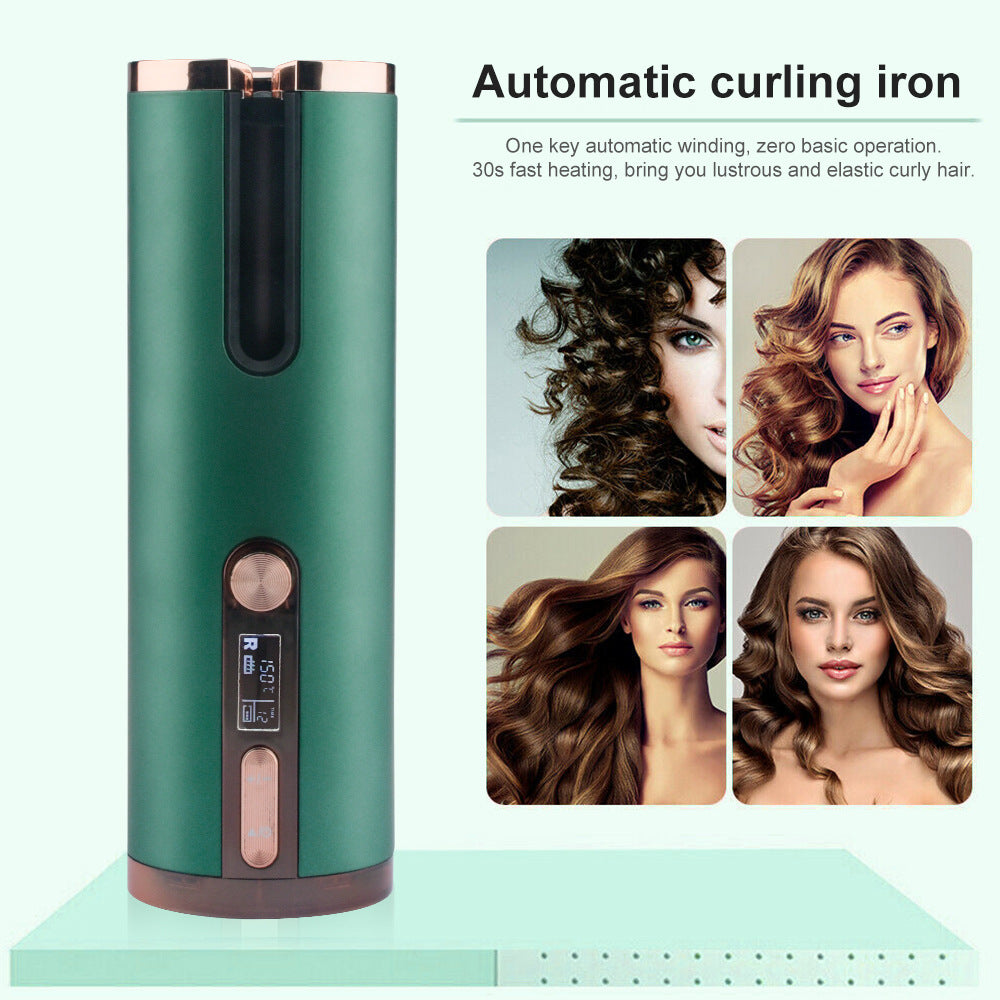Green automatic hair curler with example curl styles