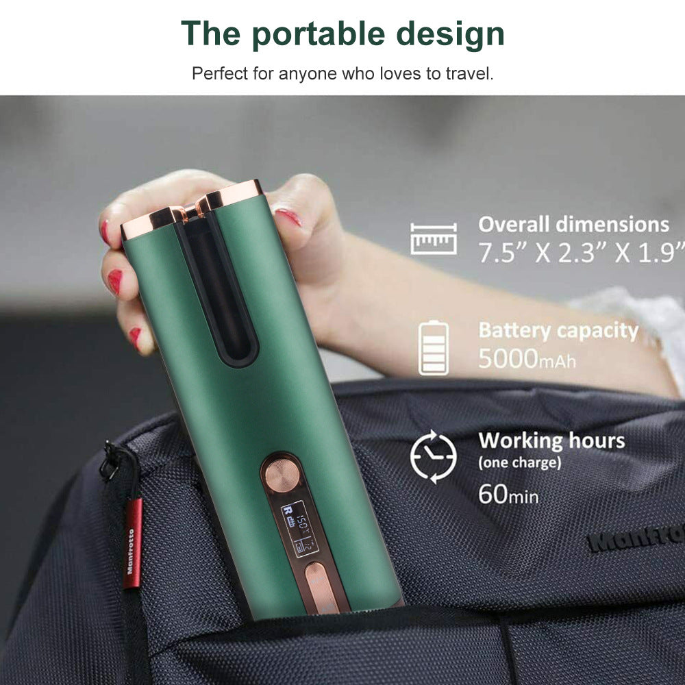 Green cordless hair curler shown being placed in a bag