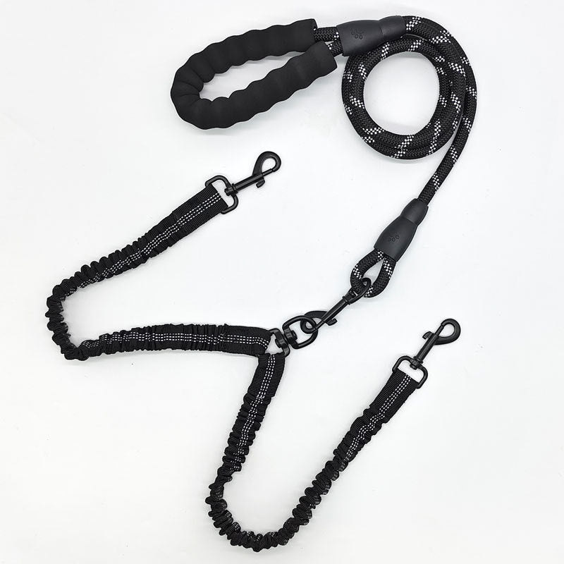 Black double dog lead with handle, two bungee branches and attachment clips