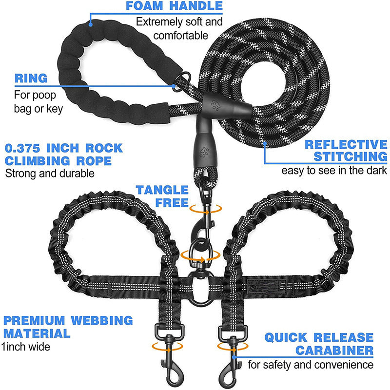 Double dog lead handle and bungee feature details